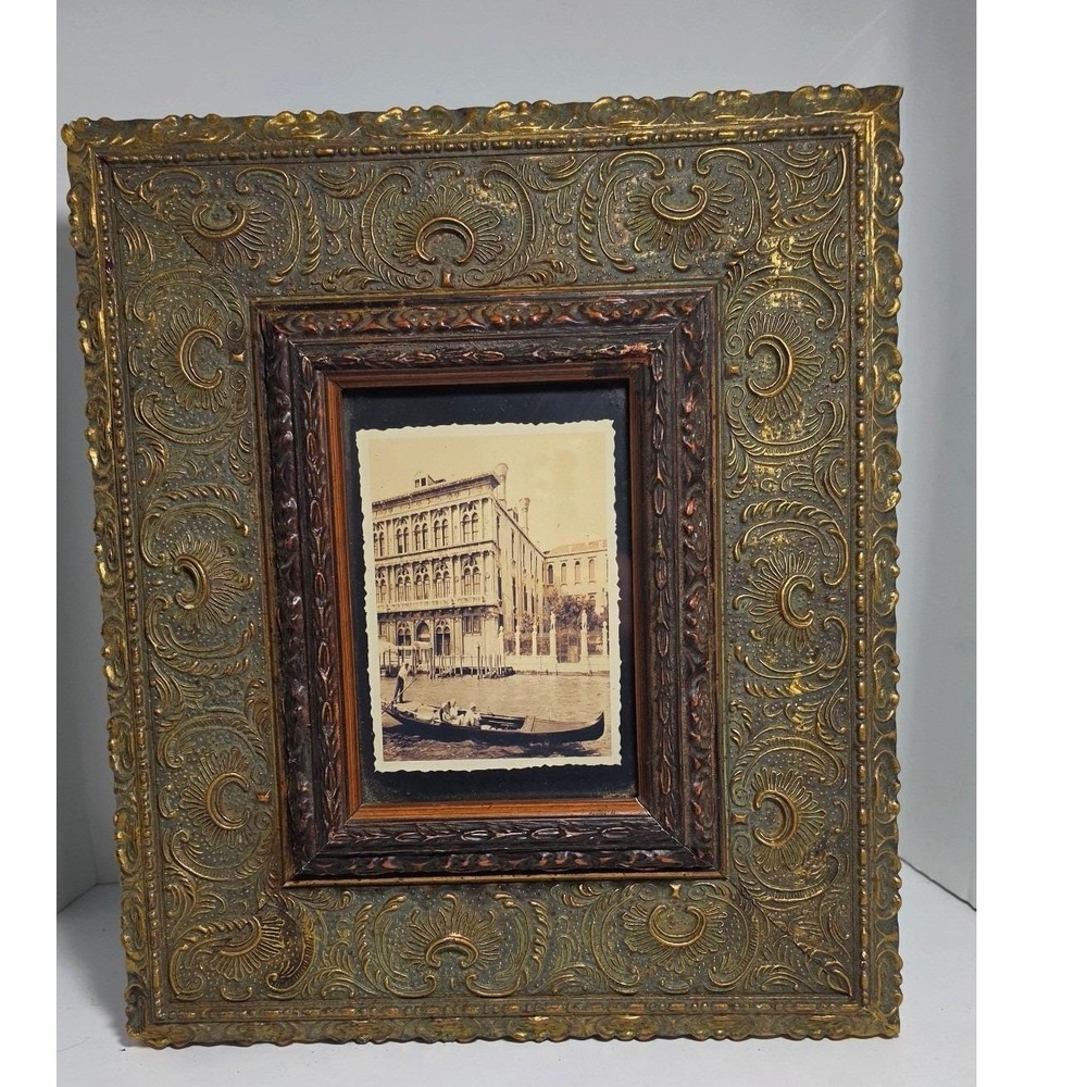 Vintage Ornate Gold Tone Picture Frame Venice Gondola Photo 12x14 Heavy Solid